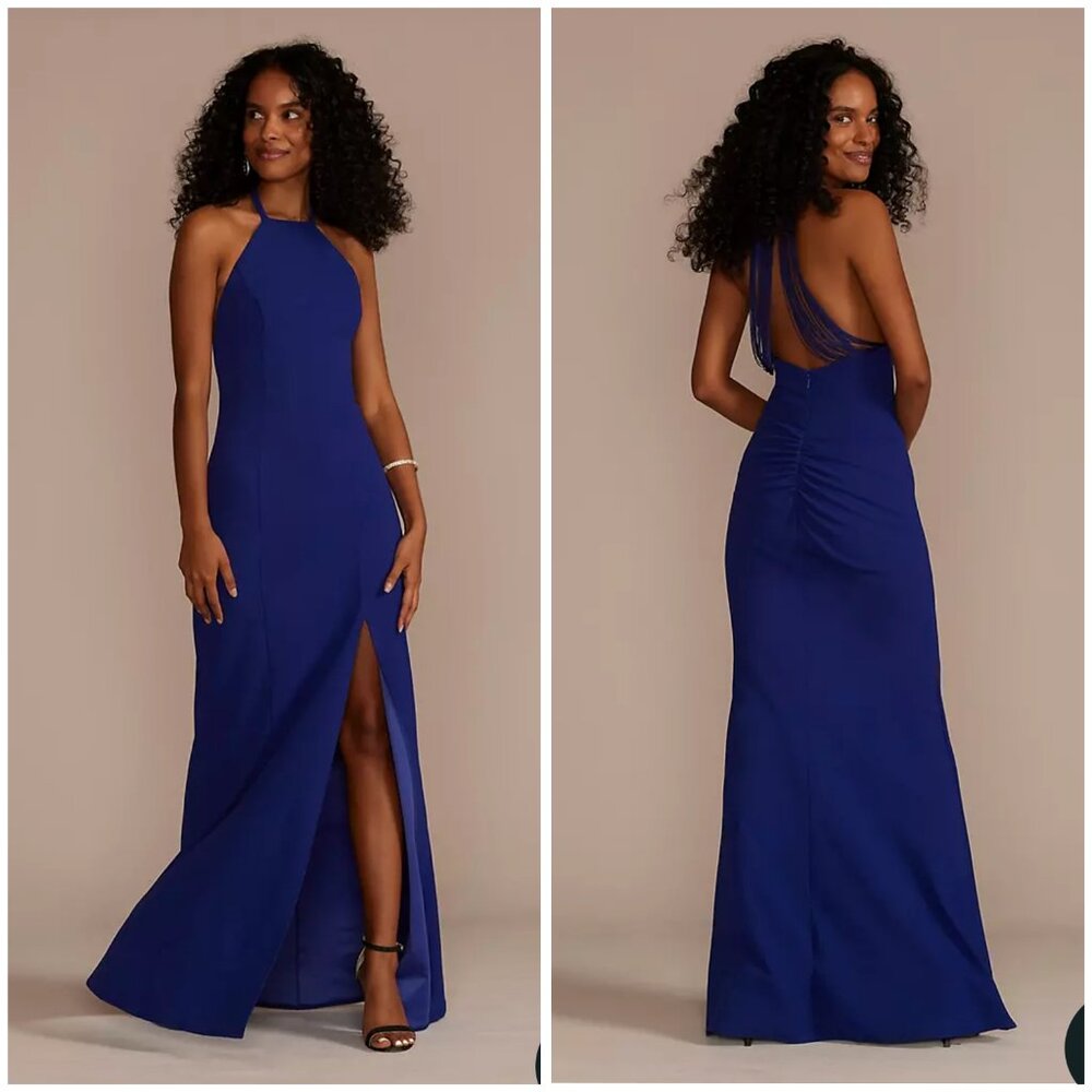 DB Studio Crepe Halter Sheath with Fringe Back in Cobalt Blue Size 2